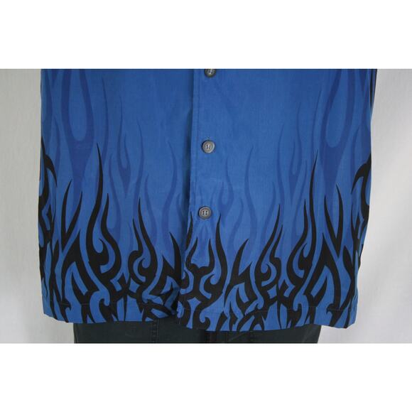 Vintage Y2K Flames Tribal AOP Button Up Blue Black Shirt Mens M 2000s - Picture 3 of 7